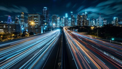 Fototapeta premium High-speed highway in the city, with tall buildings and street lights along it. Long exposure, Cityscape with Light Trails at Night