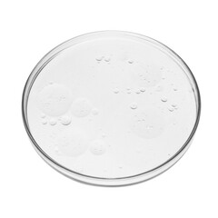 Petri dish with liquid sample and drops on blank background