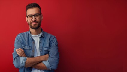Fototapeta premium Handsome man in casual with glasses standing against red isolated wall with copy space. Young professional man with a confident look