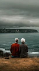 Fototapeta premium Elderly couple sitting on a cliffside, overlooking a serene ocean and dramatic cloudy sky, enjoying a moment of peace and reflection.