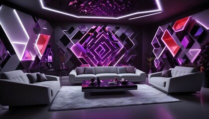 A high-definition image of a modern living room with futuristic furniture designs, dynamic colorful LED lighting, and a gradient wall backdrop.