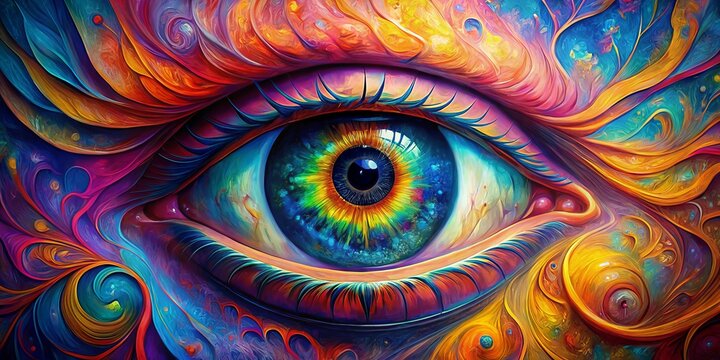 Psychedelic AI-generated painting of an eye on a vibrant backdrop.