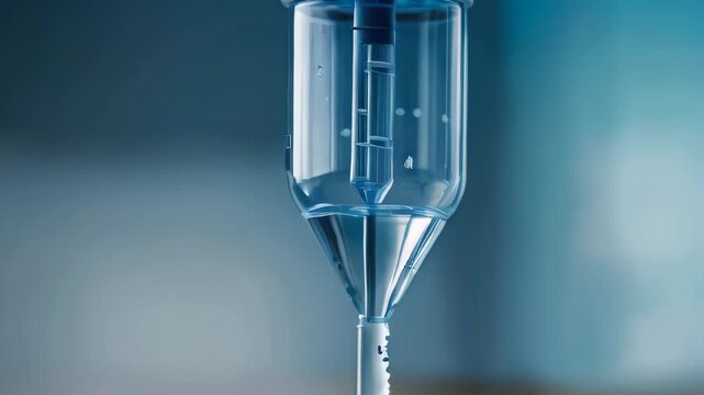 Close-up of vitamin IV drip chamber dripping on medical clinic. Dripping for intravenous infusion during surgery. Healthcare and medicine concept