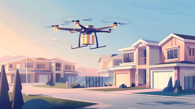 Illustration of Drone in Flight Delivering a Package highlighting the advancements in delivery technology and its impact on everyday life.