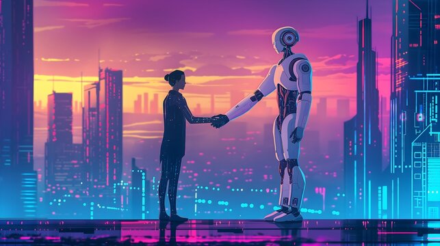 Futuristic Encounter Between Human and Robot. Illustration of a human and a robot shaking hands against a backdrop of a futuristic city at sunset.