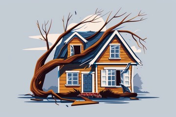 Illustration of a tree fallen on a house with extensive damage, illustrating the aftermath of a powerful storm or natural disaster.