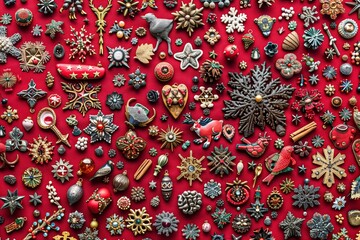 Extensive Collection Of Intricate Christmas Ornaments Is Arranged Against A Vibrant Red Background