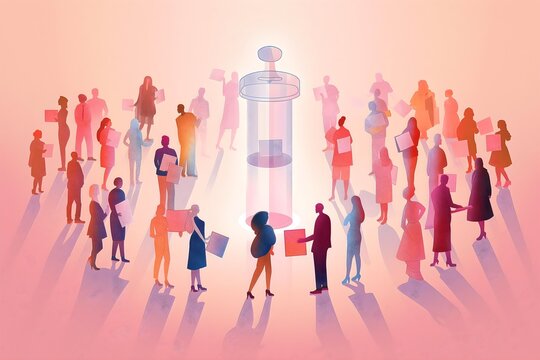 Illustration of a diverse group of people standing in a circle around a large ballot box, casting their votes. Emphasizing the theme of democratic participation.