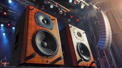 A pair of high-end audio speakers against a backdrop of a live concert stage, perfect for emphasizing premium sound quality and entertainment