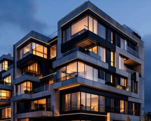 Modern apartment building at dusk with bright lights creating a warm and welcoming atmosphere, showcasing stylish urban living.