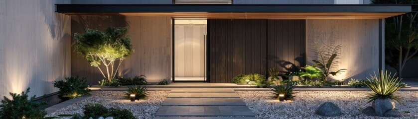 Modern house entrance with minimalist design, outdoor lighting, and landscaped garden, captured at dusk.