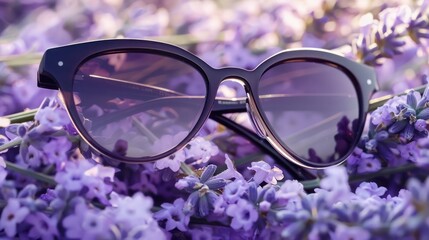 A pair of elegant sunglasses presented on a background of soft lavender flowers, ideal for a fashionable and gentle accessory showcase