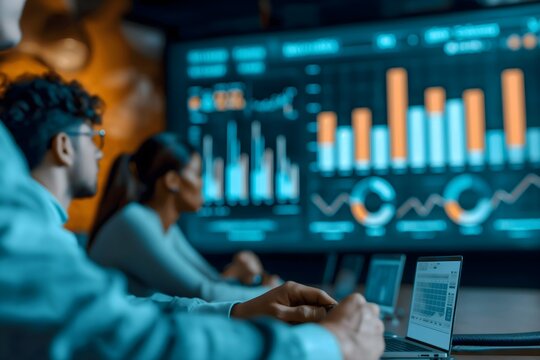 A team of professionals focusing on data visualizations displayed on a large screen. The image emphasizes the importance of data analysis in business environments, with graphs and charts.