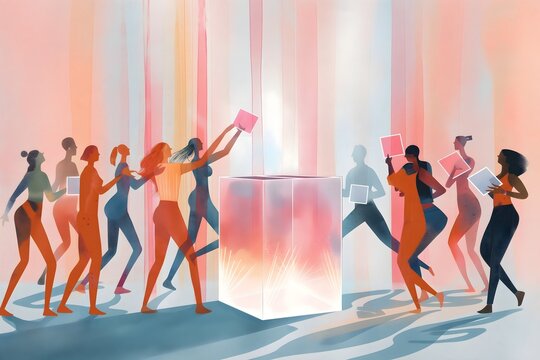Illustration of women eagerly casting their votes into a ballot box. Background features a soft blend of pink, orange, and blues, importance of women's participation in the in the democratic process.