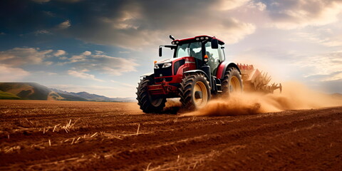 Fototapeta premium powerful tractor plowing a vast, open field, churning the rich soil in preparation for planting crops. Generative AI
