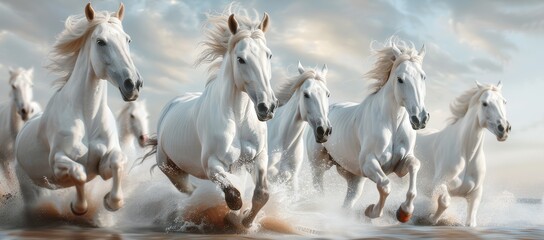 Obraz premium Sunset beach scene with white horses sprinting along the water's edge, sand and sea blending in motion, the vibrant sunset colors enhancing the dramatic and serene atmosphere