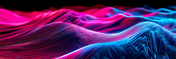 neon lines in a wave-like formation, creating a sense of fluidity and movement in a three-dimensional space. Generative ai