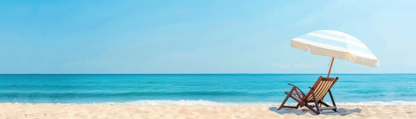 Serene beach scene with a lounge chair and umbrella by the turquoise sea, perfect for a peaceful and relaxing vacation or getaway.