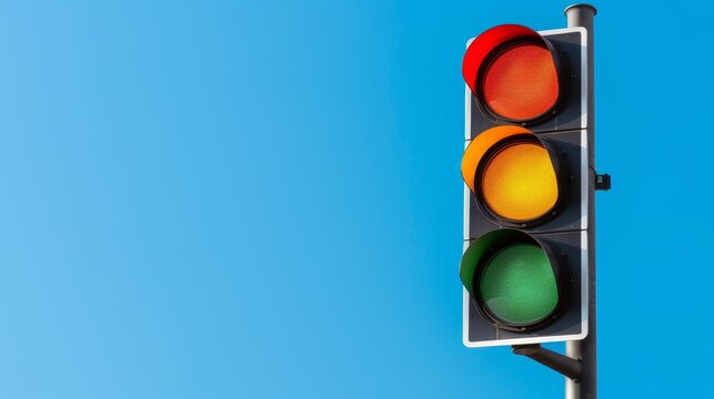 Traffic light, isolated against a bright blue sky with the red, orange and green lights