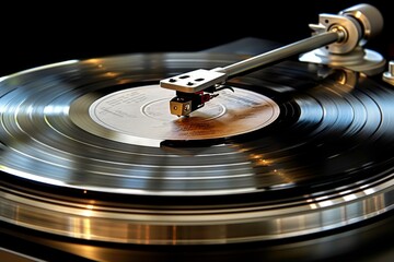 Close up of a vinyl record on a turntable with warm lighting