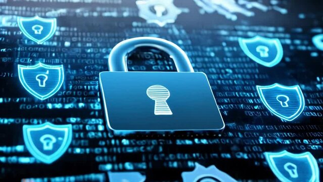 digital padlock symbol on computer screen glowing blue icons binary code cyber security