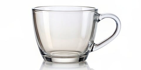 Transparent glass coffee mug on isolated white background.