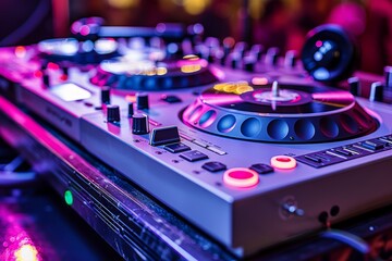 Colorful DJ setup with purple and blue lighting