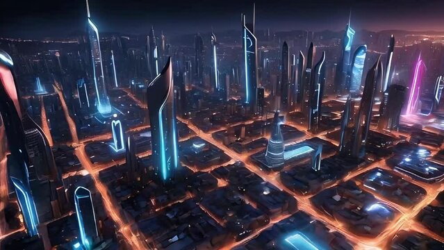 futuristic city at night with neon lights, skyscrapers, holographic billboards, and drones