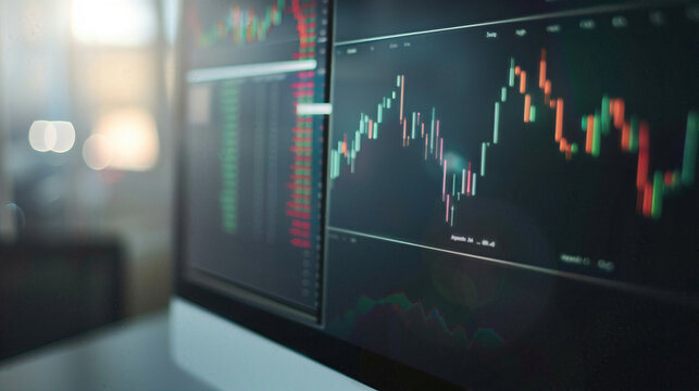 Close-up of a computer screen displaying financial market charts and data analysis for stock trading, finance, and investment insights.