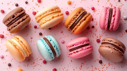Colorful macarons with sprinkles on pink background, top view. French dessert and sweet treat concept