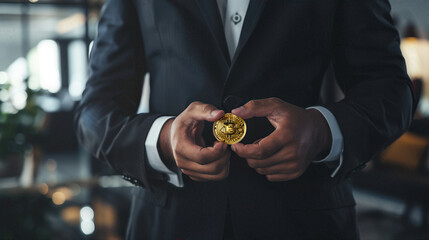 Businessman holding a gold Bitcoin in a modern office, representing cryptocurrency, investment, and digital finance.