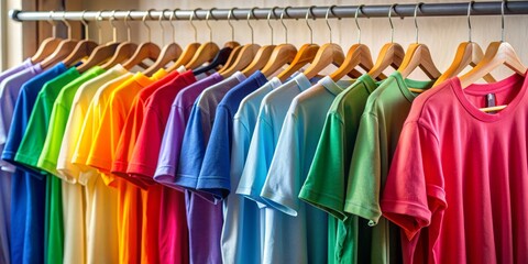 Fototapeta premium T-shirts hang on hangers, suspended in an interior space