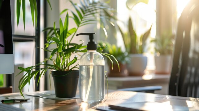 A sunlit workspace with a wooden desk, placed with a bottle of hand sanitizer and green plants, promoting cleanliness and productivity.