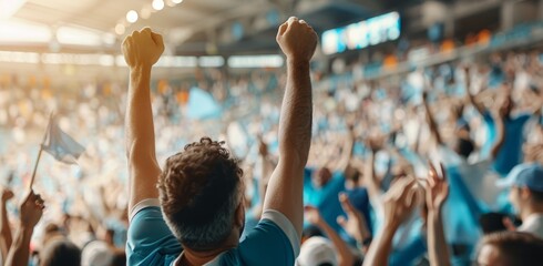 A man is holding a blue flag and is surrounded by a crowd of people by AI generated image