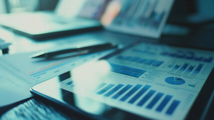 A digital tablet displaying blue graphs and charts in a modern office setting, highlighting business analytics and data analysis tools.