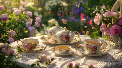 An elegant tea set on a background of an English garden tea party, ideal for a refined and classic homeware presentation