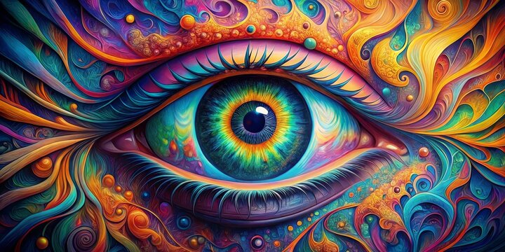 Vibrant psychedelic eye painting on a kaleidoscopic backdrop, AI-generated
