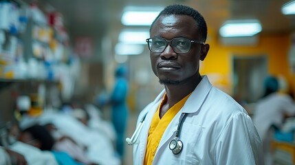 Fototapeta premium Realistic photo of a healthcare worker treating patients in an overcrowded urban clinic, illustrating the public health impact of overpopulation. , Minimalism,