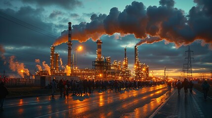 Realistic photo of a community protest against a new industrial plant, highlighting environmental justice and public health concerns. , Minimalism,