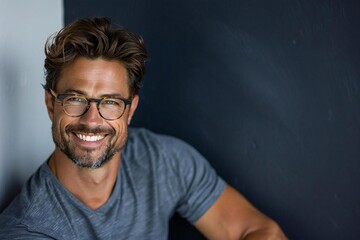 Obraz premium Happy businessman wearing eyeglasses and with a well-groomed beard, smiling and laughing, beautiful person.