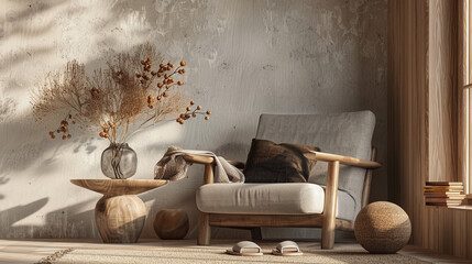 "A warm and cozy living room interior with a gray armchair, dark pillow, slippers, wooden coffee table, vase with dried flowers, brown ball, and personal accessories. Home decor template."