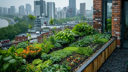 Realistic photo of an urban rooftop garden, representing innovative solutions for sustainable development and public health. , Minimalism,
