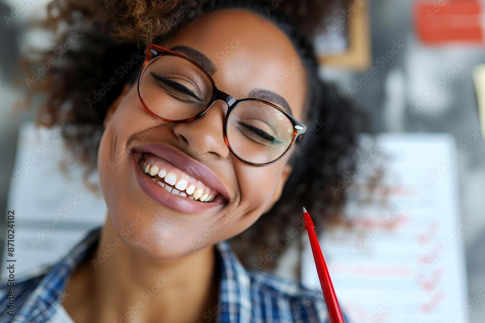 Aufkleber Beautiful African person with eyeglasses smiling and laughing while using a red pen to mark a check box on a form.