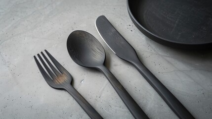 Black wooden cutlery set with plate lying on gray concrete background. Elegant modern minimalist kitchenware with scandinavian design