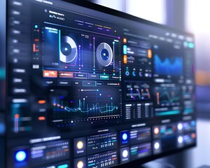 Fototapeta premium A close-up of a computer screen displaying complex data analytics and graphs in a modern workspace setting.