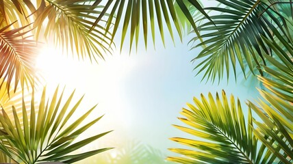 Naklejka premium Palm leaves on a gentle background, a lot of empty space, space for text. View from above