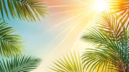 Palm leaves on a gentle background, a lot of empty space, space for text. View from above