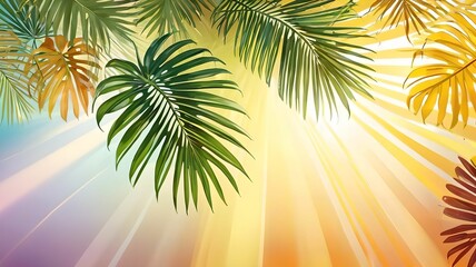 Obraz premium Palm leaves on a gentle background, a lot of empty space, space for text. View from above