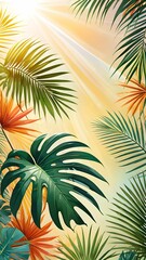 Palm leaves on a gentle background, a lot of empty space, space for text. View from above
