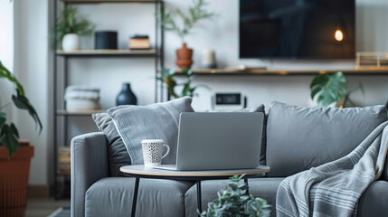 "Working from home, freelancing, and remote work during the COVID-19 pandemic. A gray sofa with pillows, a table with a laptop and a cup of hot drink, shelves, and an armchair with a blanket in a mode